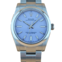 Rolex Oyster Perpetual 34 – Frontansicht mit blauem Zifferblatt und Edelstahlarmband
