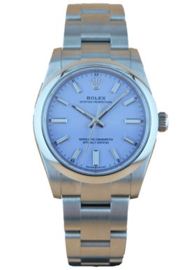 Rolex Oyster Perpetual 34 – Frontansicht mit blauem Zifferblatt und Edelstahlarmband