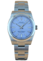 Rolex Oyster Perpetual 34 – Frontansicht mit blauem Zifferblatt und Edelstahlarmband
