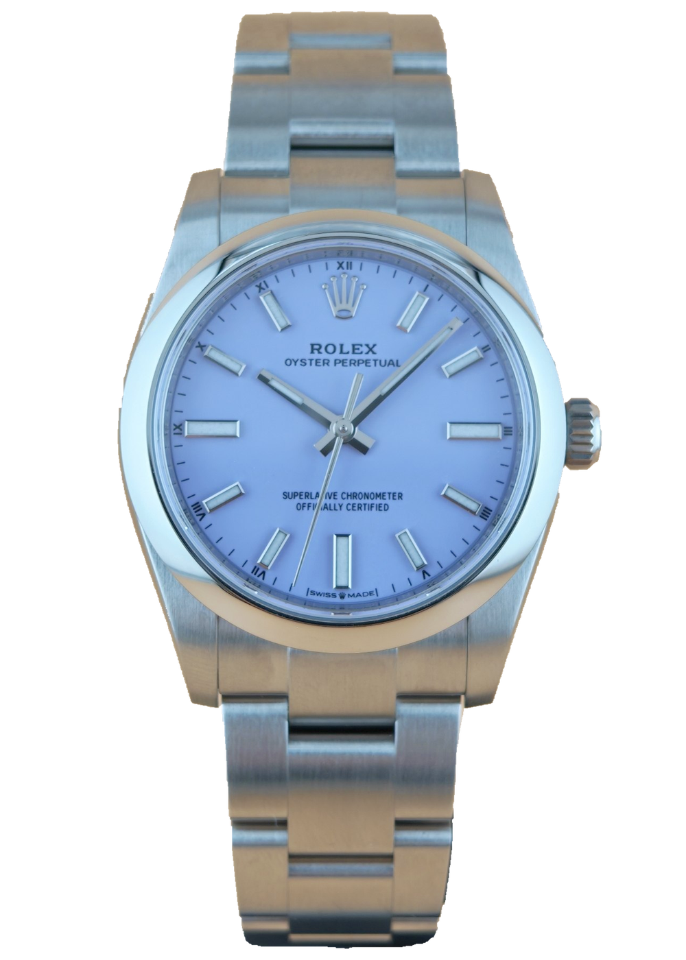 Rolex Oyster Perpetual 34 – Frontansicht mit blauem Zifferblatt und Edelstahlarmband