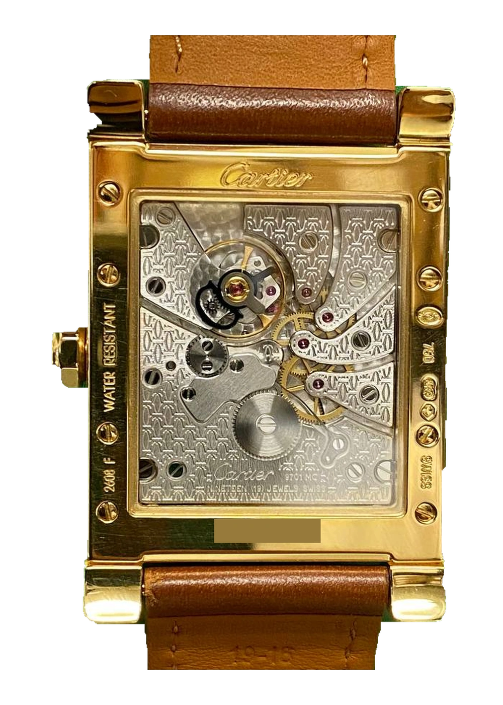 Cartier Tank à Vis CPCP, Sichtboden und Uhrwerk, Seriennummer verdeckt