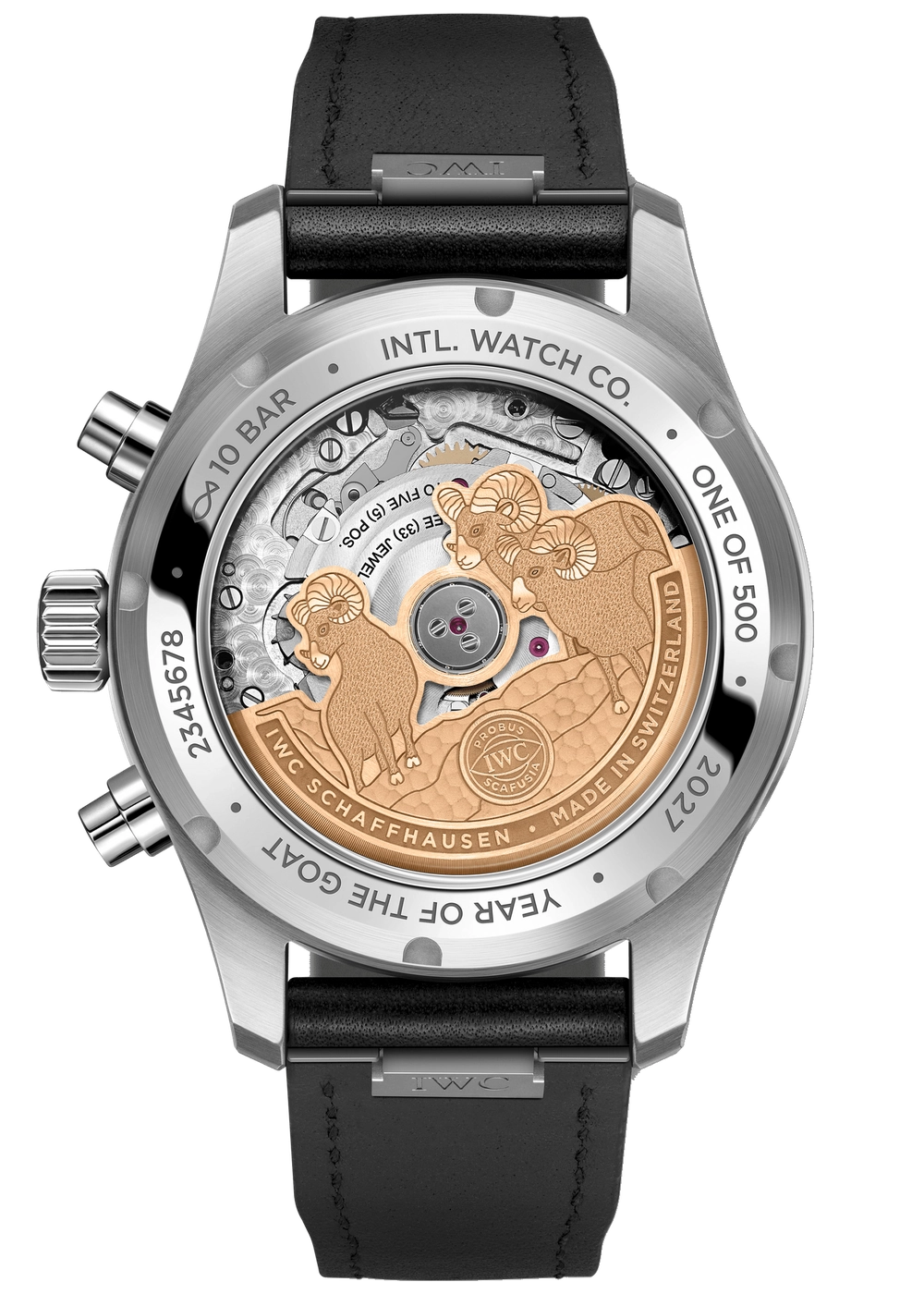 IWC, IWC Pilot’s Watch Performance Chronograph 41 Year of the Goat – Rückseite mit drei Ziegen auf dem Rotor