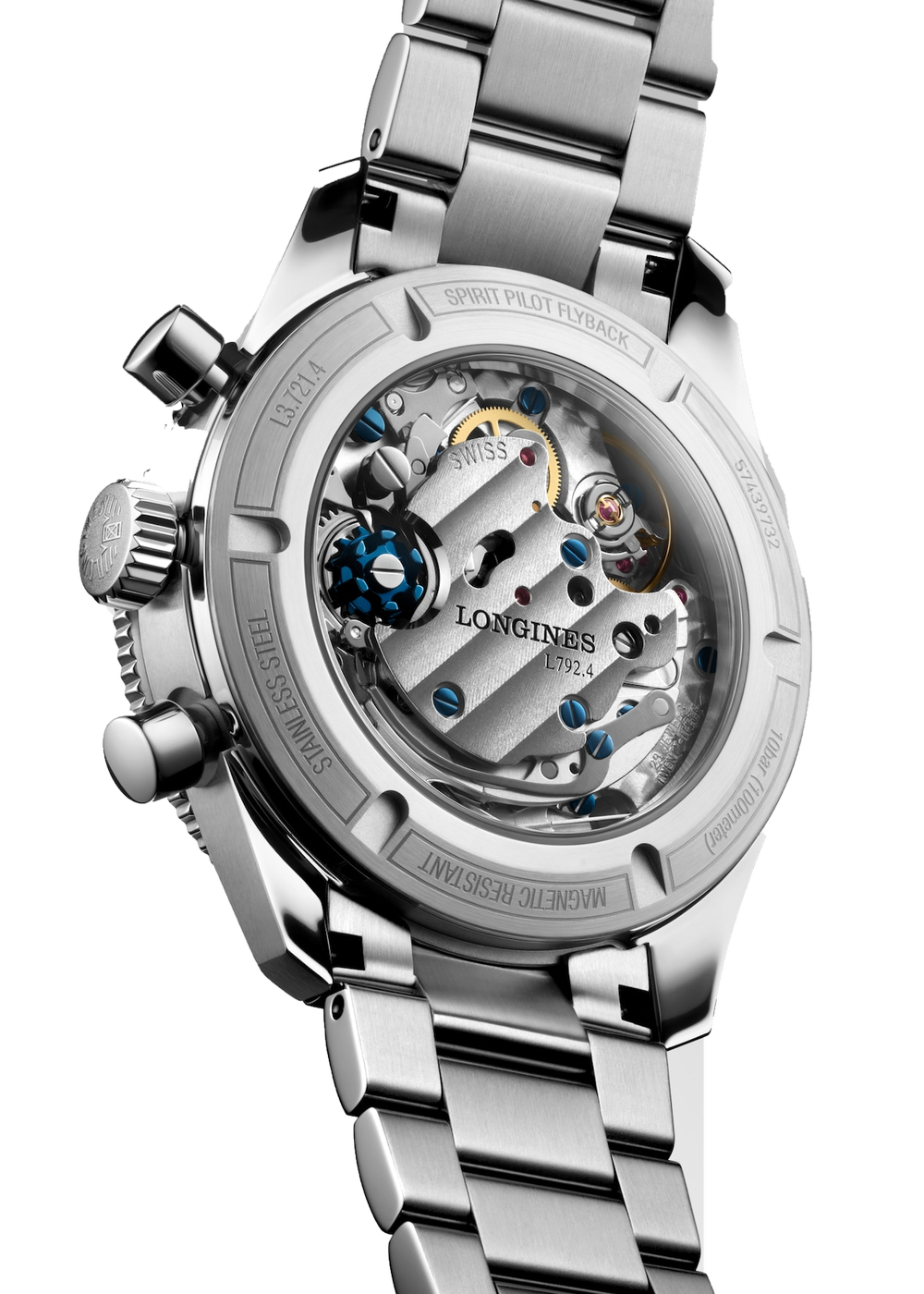 Longines Spirit Pilot Flyback L3.721.4.93.6 – Rückansicht mit Sichtboden und Stahlarmband (Detailaufnahme)
