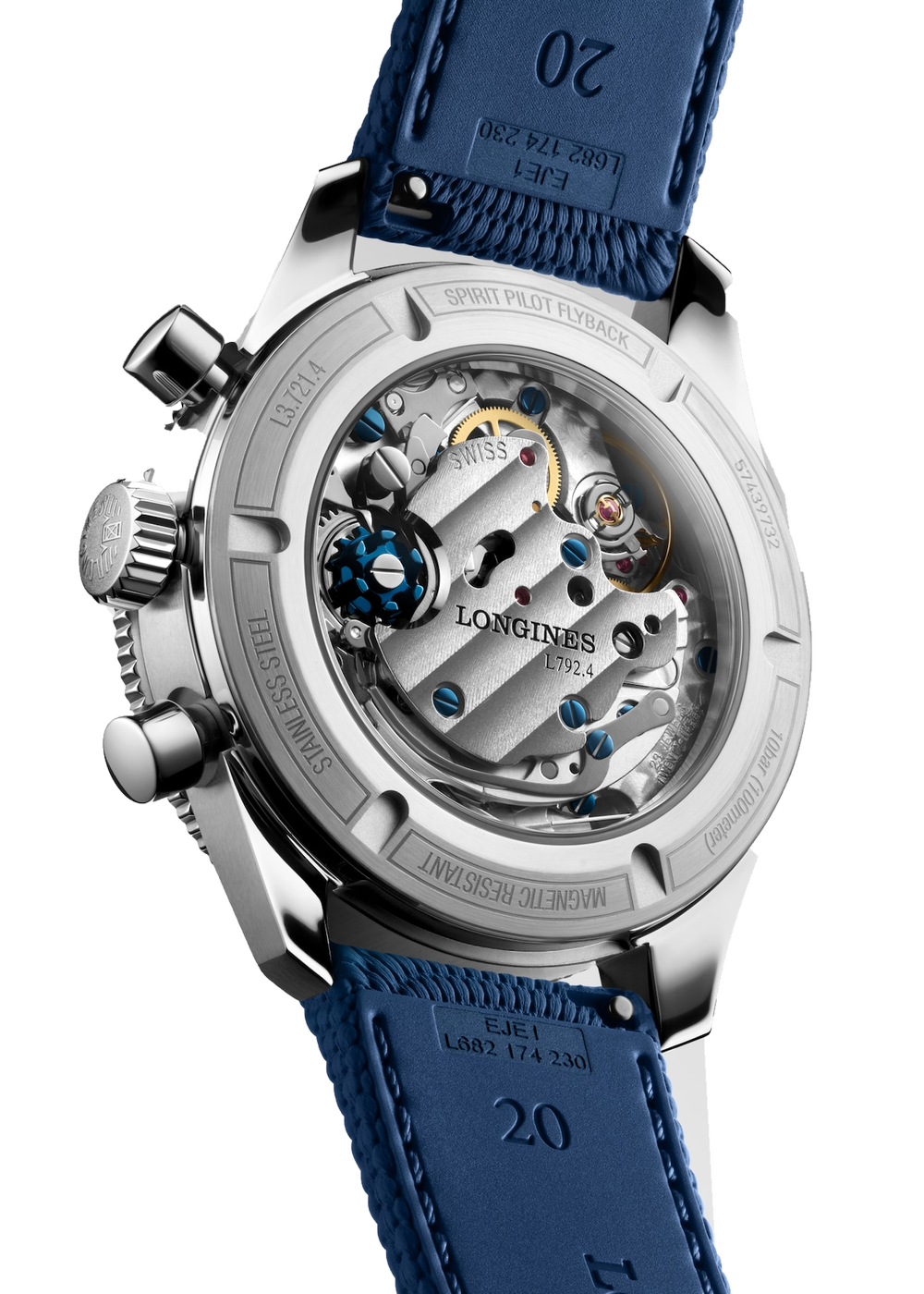 Longines Spirit Pilot Flyback L3.721.4.93.9 – Rückansicht mit Sichtboden und blauem Kautschukband (Detailaufnahme)