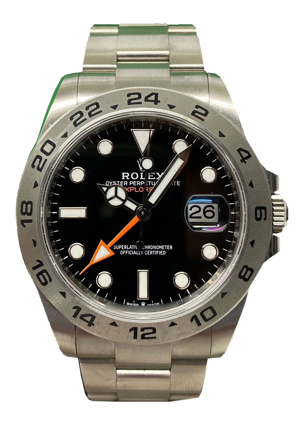 Rolex Explorer II 226570, schwarzes Zifferblatt, Frontansicht