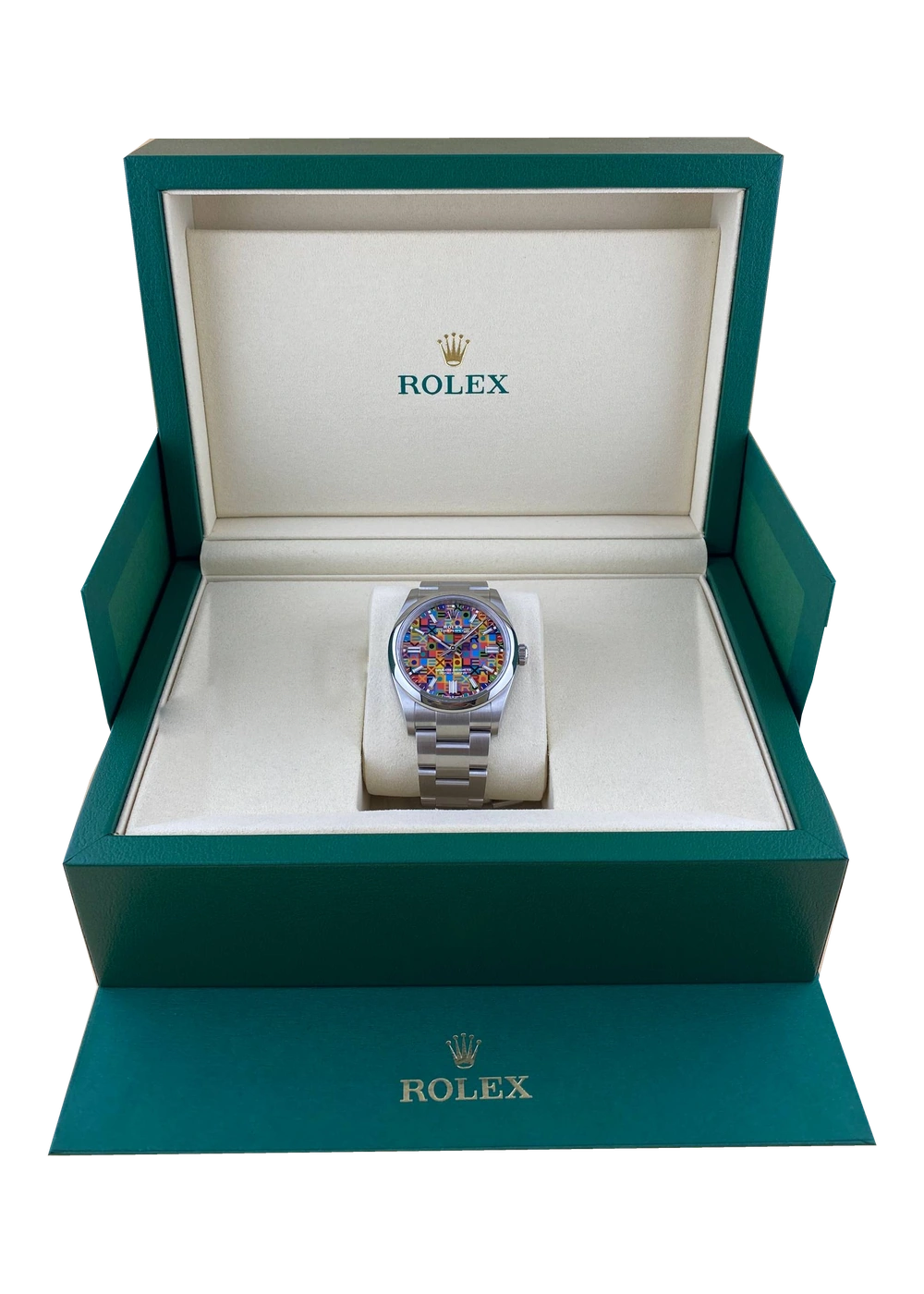 Rolex Oyster Perpetual 36 Jubilee in der Originalbox, Modellabbildung ohne Anhänger